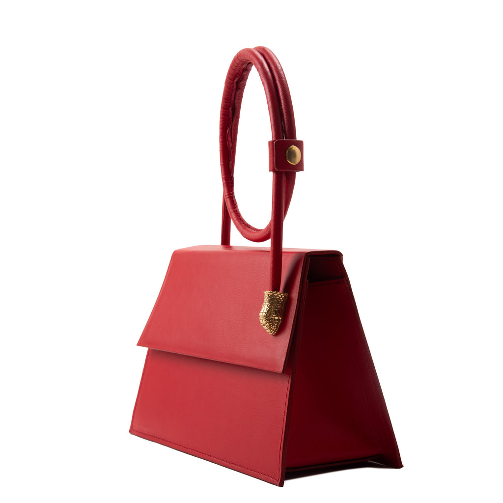 Luxury Italian Leather Red Handbag with Metal Snake Accent Details