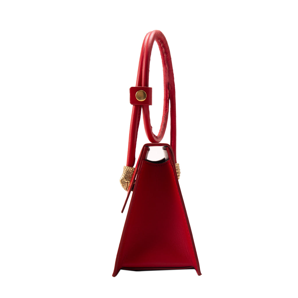 Luxury Italian Leather Red Handbag with Metal Snake Accent Details