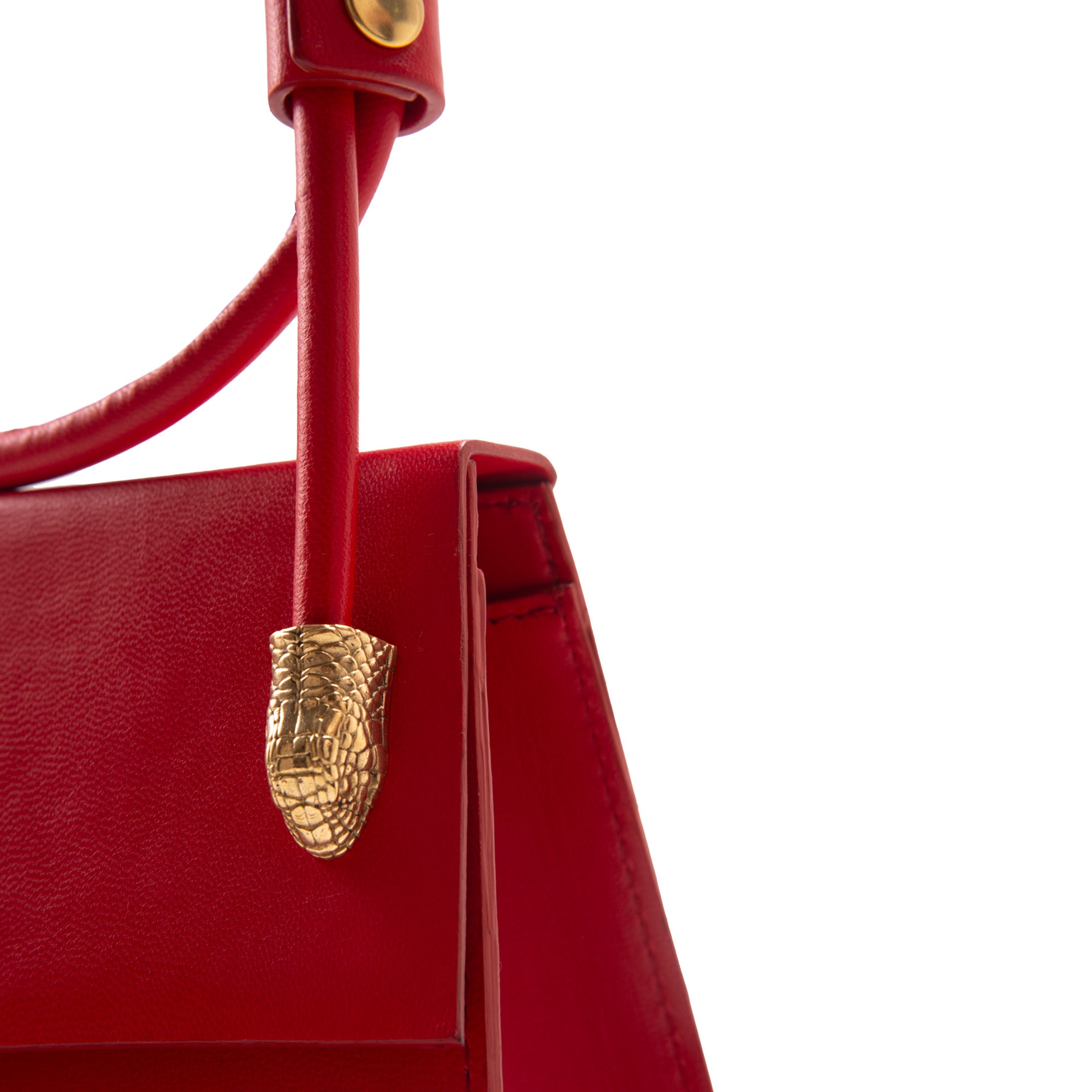 Luxury Italian Leather Red Handbag with Metal Snake Accent Details