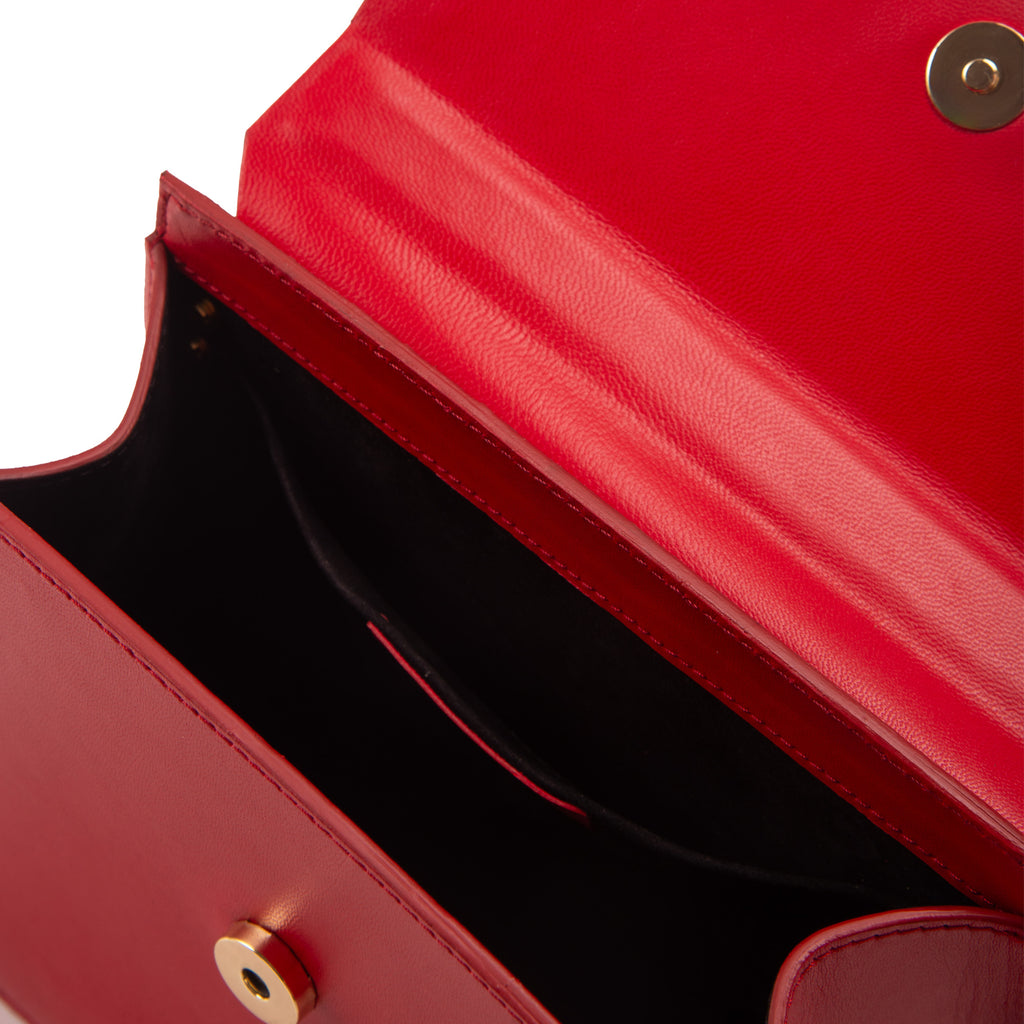 Luxury Italian Leather Red Handbag with Metal Snake Accent Details