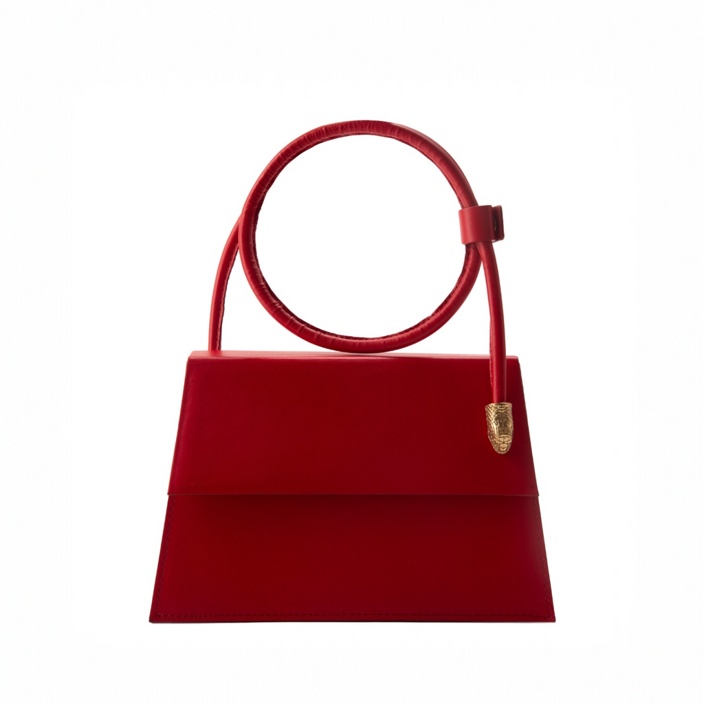 Luxury Italian Leather Red Handbag with Metal Snake Accent Details